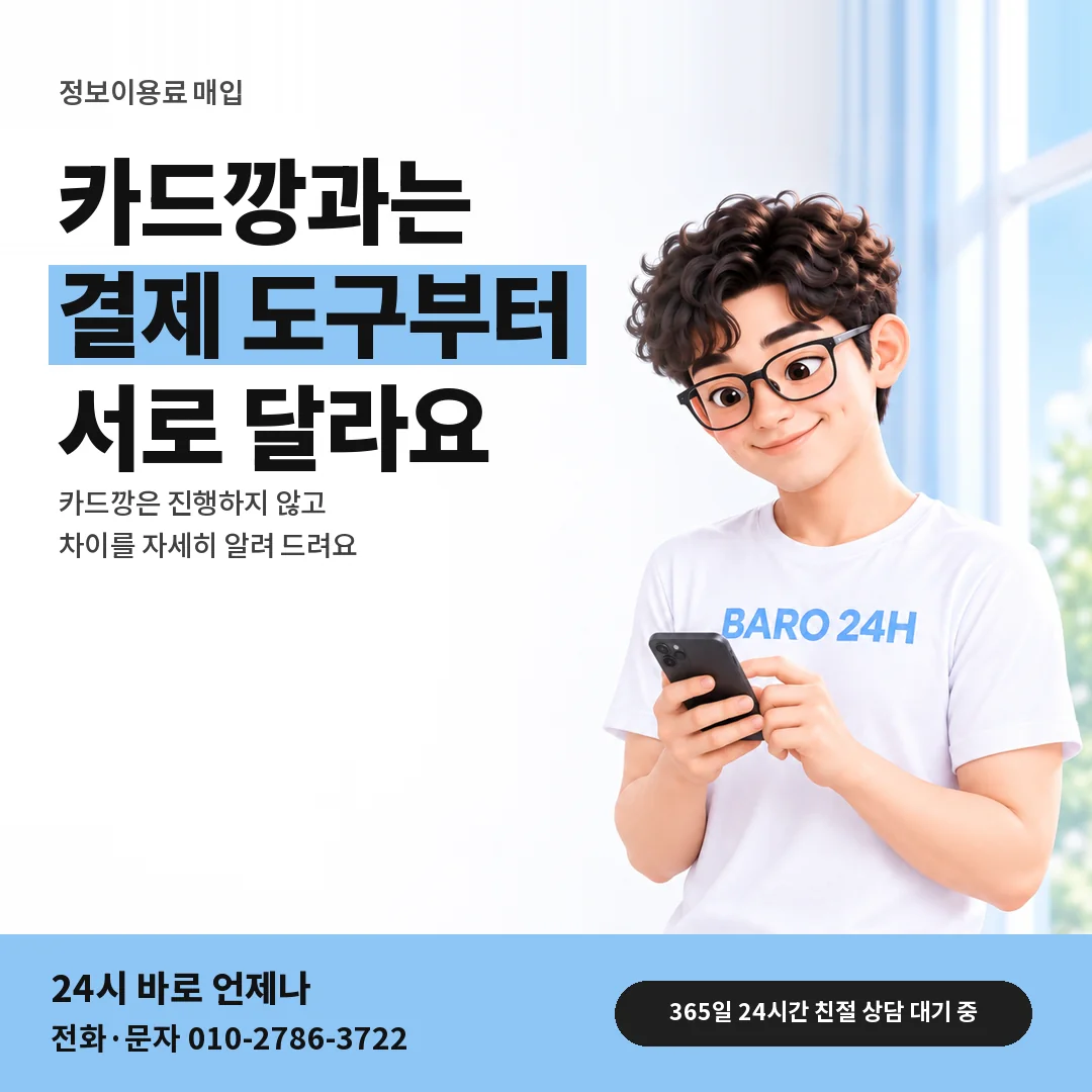 BARO 24H 티셔츠를 입은 3D 인물 옆에 「카드깡과 정보이용료 매입」 제목을 얹은 안내 카드