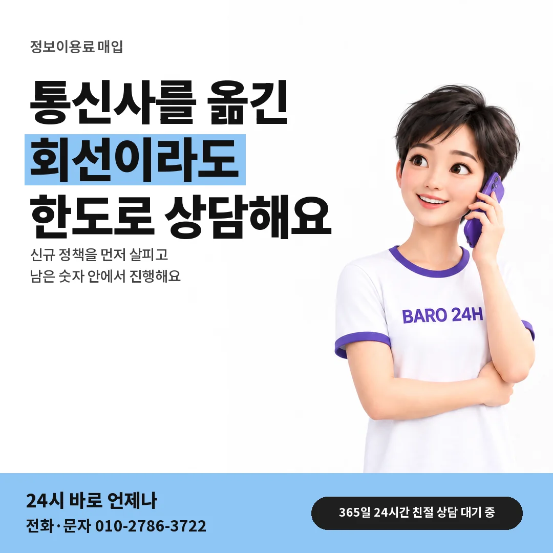BARO 24H 티셔츠를 입은 3D 인물 옆에 「번호이동 뒤 정보이용료 한도」 제목을 얹은 안내 카드