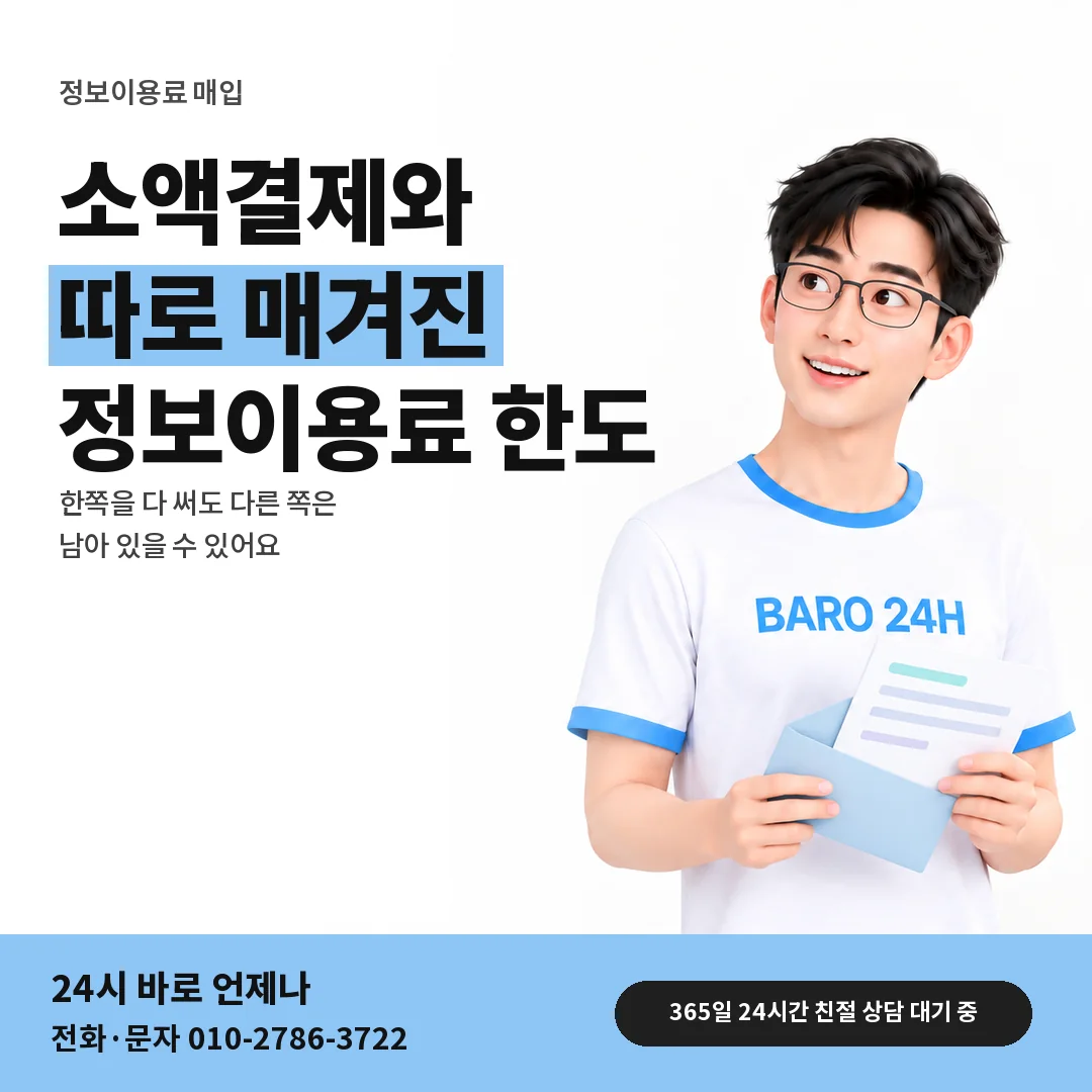 BARO 24H 티셔츠를 입은 3D 인물 옆에 「소액결제와 따로인 정보이용료 한도」 제목을 얹은 안내 카드